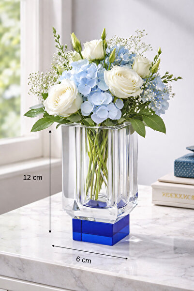 esdekor Smooth Blue Base Small Crystal Glass Vase 6X6X12 cm 1 Piece Decorativ...