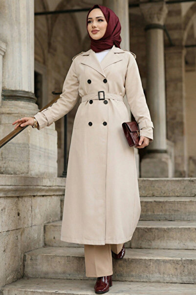 N.S NEVA STYLE Μπεζ Τρέντσικοτ Μαντίλα με Ζώνη με Κούμπωμα 26413BEJ