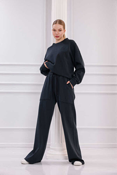 MOSRANİC Women's Black Crew Neck Sweatshirt Tracksuit Set |   Msc2601-Black