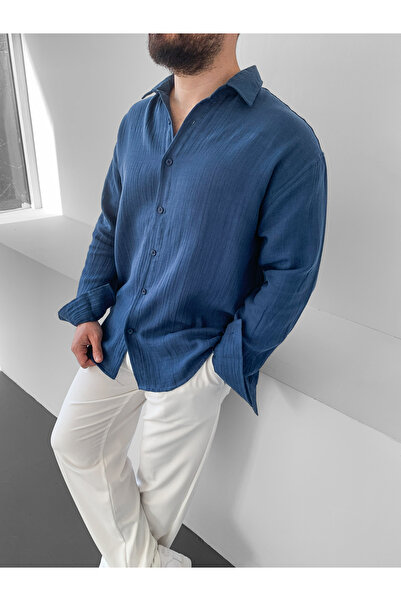 NO1 KONSEPT Cămașă cu mânecă lungă İndigo Müslin K in O supradimensionat