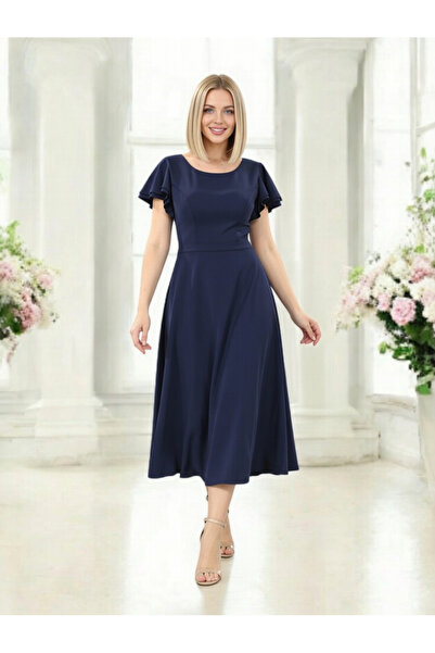 FaBe Fashion KAYIK YAKA KOLLARI VOLANLI SIRTI V MİDİ KREP ELBİSE Nikah-nişan-...