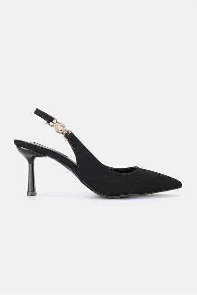 TUNAELLİ حذاء نسائي أسود من الساتان بكعب قصير ومقدمة مدببة ومفتوح من الخلف