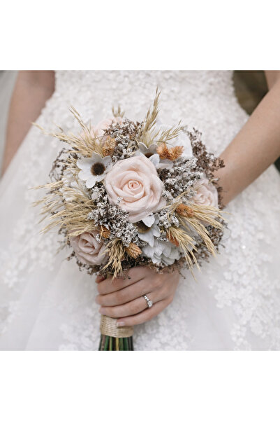Gold Moda Wedding Gelin El Çiçeği Buketi Beyaz Ve Somon