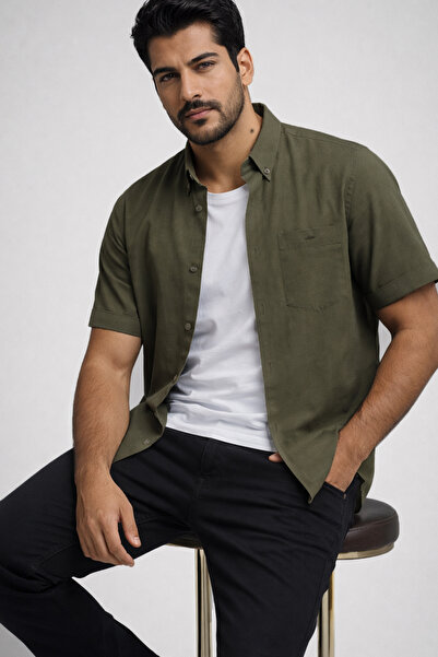 Varetta Мъжка риза с къс ръкав и джоб в цвят каки и зелено