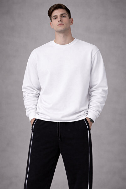 WUBOSS Beyaz Oversize Sweatshirt Unisex Basic 3 İplik Şardonlu Bisiklet Yaka