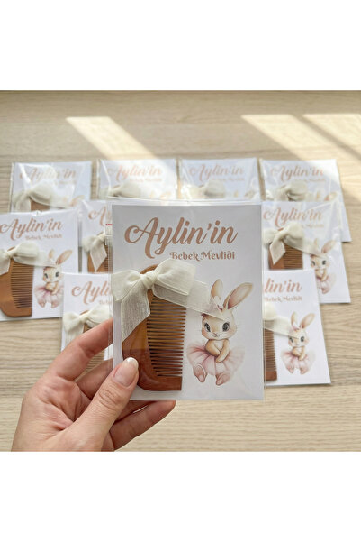 sardes tasarım Kartlı ve Fiyonlu Tarak - Bebek Doğum Mevlid Nikah Nişan Düğün...