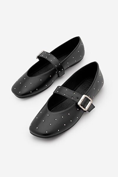 Marjin Baleriny damskie Velona Black - Blunt Toe, Buckle and Staple