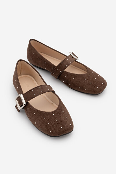 Marjin Kadın Küt Burun Tokalı Zımbalı Babet Velona Kahve Süet