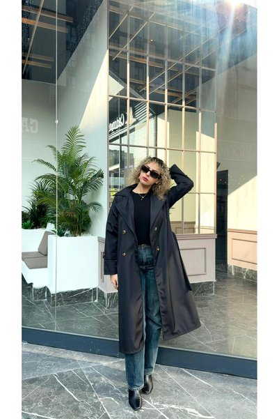 BELİS WEAR Women's Long Belted 4-Button Trench Coat – Water-Repellent Fabric