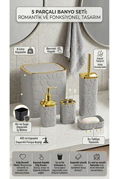 MAKRİ HOME 5 Piece Bathroom Set, Heart Pattern, Gray Gold, Square, Click Lid,...