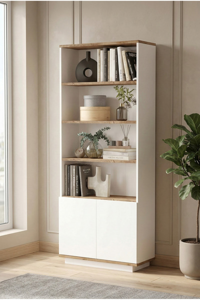 Yurudesign Future Kitaplık Raf 2 Kapaklı Raflı 168cm Çam-beyaz Fr16-aw