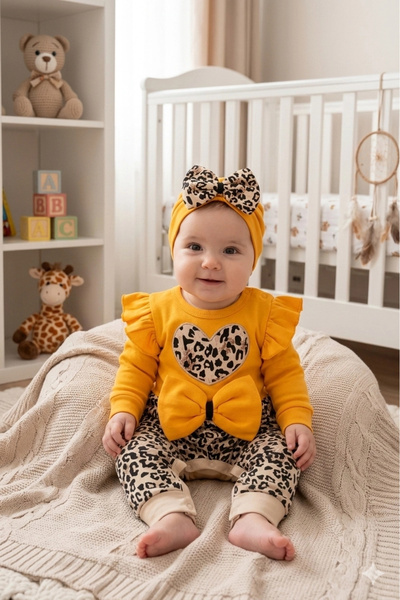 CNDR 3-9 Months Baby Girl Jumpsuit Leopard Bow Yellow