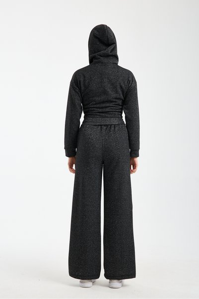 ROPE COUTURE بنطلون رياضي فضفاض لمّاع لامع قصة ساق واسعة للسيدات باللون الأسود