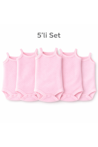 Novibaby 5'li Jakarlı Ip Askılı Bebek Body Zıbın Çıtçıtlı 100% Pamuk - Pembe