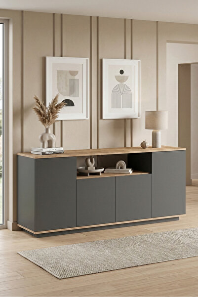 Yurudesign Future Konsol 4 Kapaklı Raflı 180cm Çam-Antrasit FR15-AA