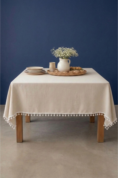 Soft Kare Бохемска ленена покривка за маса – елегантни помпони, естествена те...