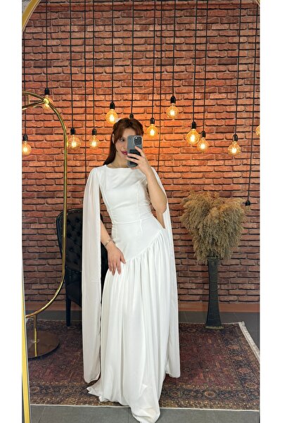 Miss Beyoğlu Γυναικείο μακρύ βραδινό φόρεμα από σιφόν με μανίκια και κάπα – Κ...