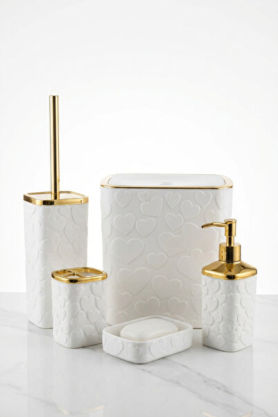 MAKRİ HOME Set de baie din 5 piese, model inimă, aur alb, pătrat, capac cu cl...