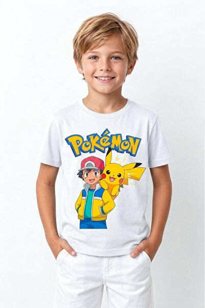 BookOrBook Ash ve Pikachu %100 Pamuk Premium Kalite Çocuk Tişörtü (3-12 Yaş)