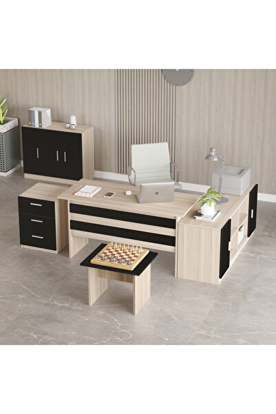 Yurupa Bega ABCEF Ofis Büro Masa Takımı 3 Renk Meşe-Siyah BEG16-OB