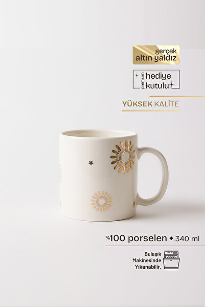 TUSE LIVING Elio Gerçek Altın Yaldızlı Güneş Desenli Porselen Kupa 340 ml