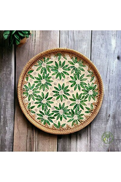 Renesse Home Neva El Yapımı Rattan Tepsi 30 cm – Doğal Hasır Sunum Tepsisi, B...