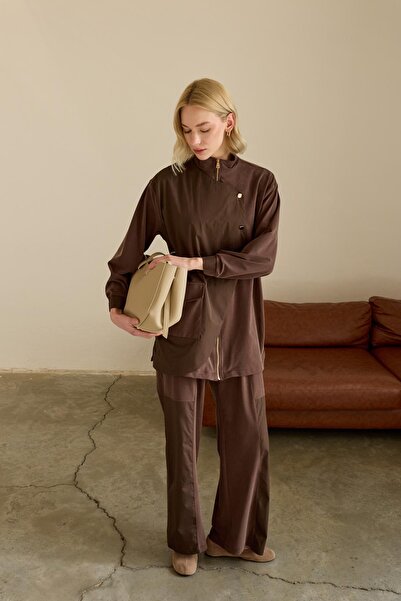 Hilay Edora Fermuarlı Süet Garnili Pantolonlu Takım KAHVERENGİ