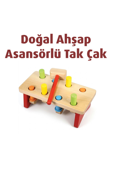 Viga Doğal Ahşap Asansörlü Tak Çak - Çekiçli Bultak Vurma Oyuncağı - Renkli E...
