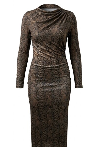 BY SE'MAS WEAR PREMİUM DRAPELİ YILAN DESENLİ MİDİ BOY ELBİSE