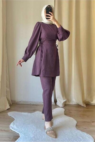 TRENDTESETTÜR KADIN PEMBE (GÜLKURUSU) BAĞCIK DETAYLI PANTOLONLU TAKIM T 4016