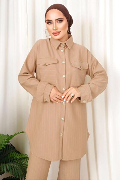 TRENDTESETTÜR KADIN KAHVE (CAMEL) ÇİZGİLİ DÜĞMELİ PANTOLONLU TAKIM T 4333