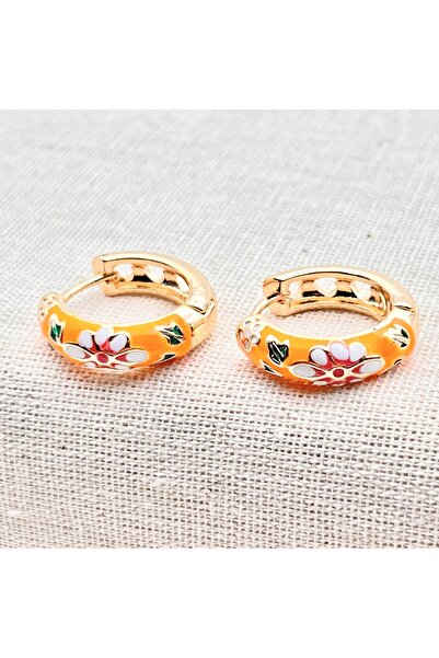 Siya Silver Gold Colored Orange Flower Patterned Enamel Earrings