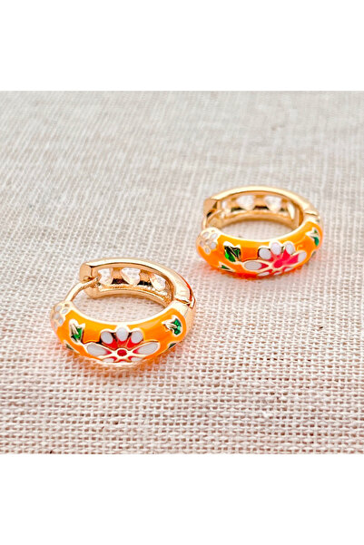 Siya Silver Gold Colored Orange Flower Patterned Enamel Earrings