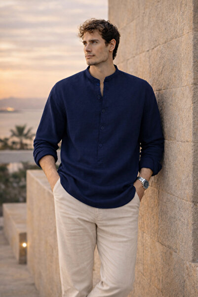 Valiberta Ελαφρύ και αναπνεύσιμο ανδρικό πουκάμισο μουσελίνας με μισό πέτο κα...