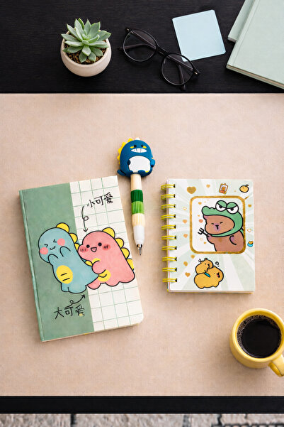matheon Dinosaur and Capybara Themed 3-Piece School Set Stitched Notebook+Spi...