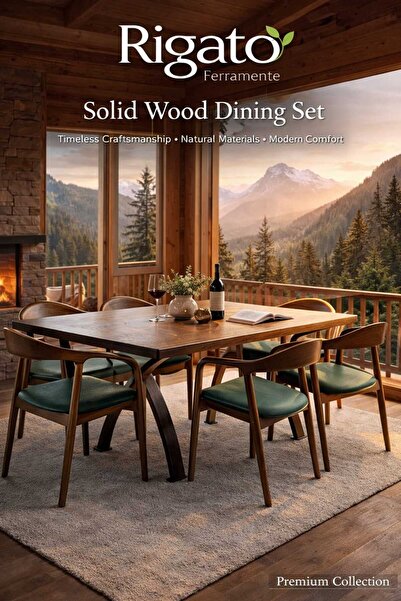 RİGATO ferramente SERPENT Masif Ahşap Yemek Masası Takımı – 6 Kişilik Doğal A...