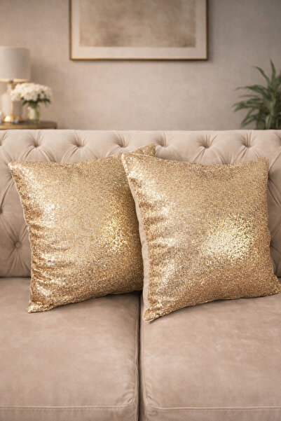 Ceylan Gold Pullu ve Kadife Dekoratif Kırlent Kılıfı - 45 × 45 (2' li set) Lü...