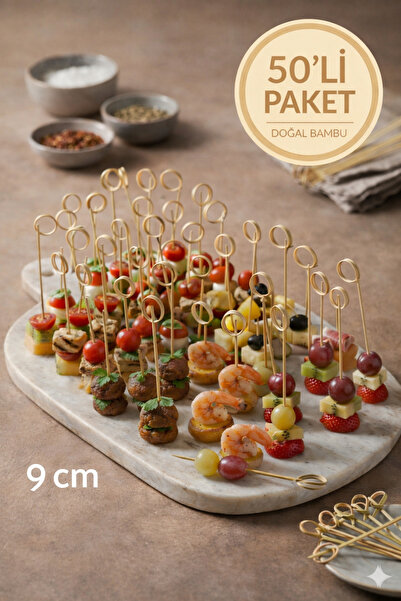 TOYFEST 50’li Pkt 9 cm Dekoratif Yuvarlak Bambu Kürdan - Kokteyl Kürdanı Part...