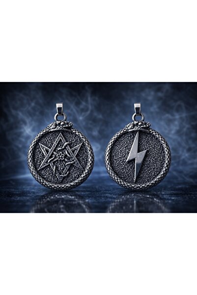 daisybydaisy Çift Taraflı Kullanım Yılan Detaylı Hexagram Kolye - Pentagram K...