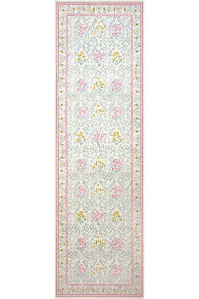 Cool Halı Daisy Krem Pembe Yolluk Bohem Vintage Renkli Çiçek Desen Yıkanabili...