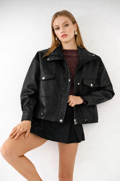 İLKCET MODA Oversize kroj Sa džepovima Crna Prirodna koža Ženska jakna sa pat...