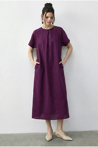 Bianco Lucci Kadın Pile Detaylı Cepli Rahat Kalıp Midi Elbise 8738 60283957