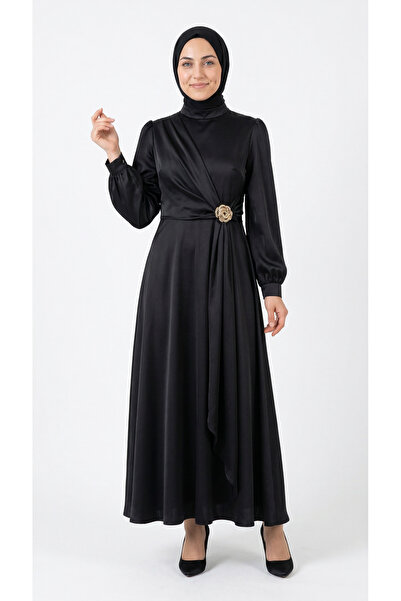 MİHRA STORE Rochie din satin Belgi Güllü-GE5157 Negru