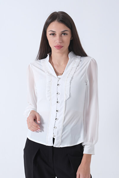 Feminist Fırfır Aksesuarlı Düğmeli Gömlek Ekru 4202760