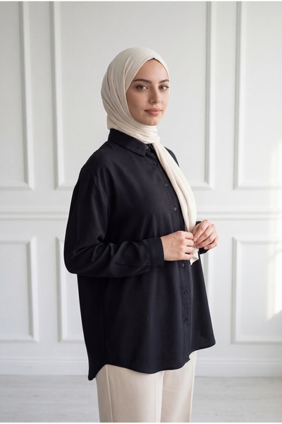 MİHRA STORE Πουκάμισο Deva Oversize Cupra με μία τσέπη-CH334.13 Μαύρο