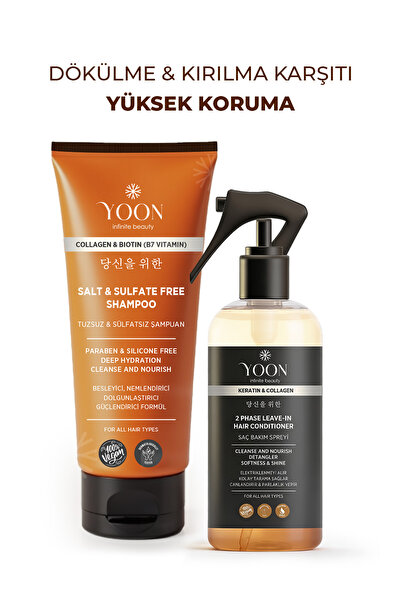 YOON Vegan Tuzsuz Şampuan & Saç Bakım Spreyi 250ml, Keratin, Kolajen ve B7 Bi...