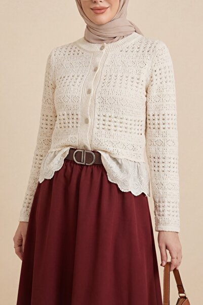 Modamorfo Lace-Like Knit Button Cardigan with Ruffled Skirt - Ecru