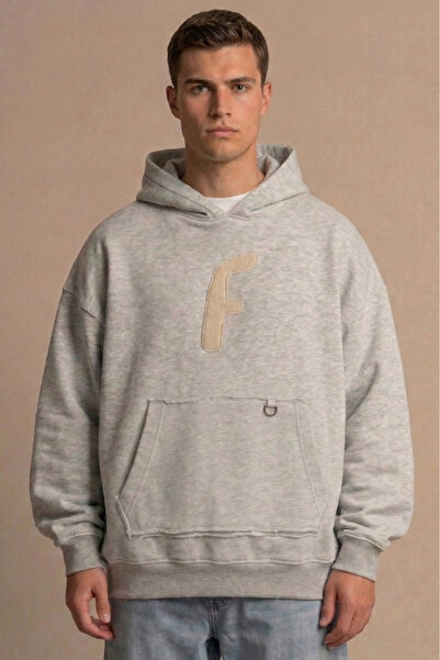 FLEAMARKT F Logo Nakışlı Grimelanj Oversize Erkek Hoodie Kapüşonlu Sweatshirt