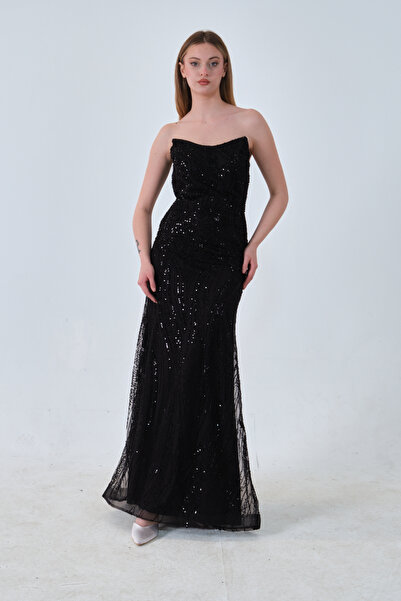 Feminist Taş İşlemeli Uzun Balık Abiye Siyah 0801056