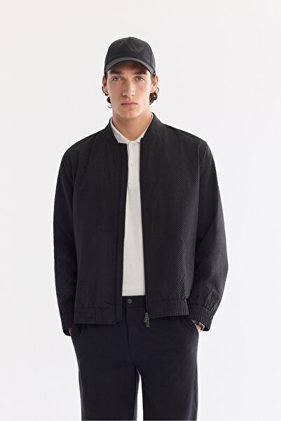 Avva Men's Black Ribbed Zippered Water-Repellent Bomber Jacket A61Y6059